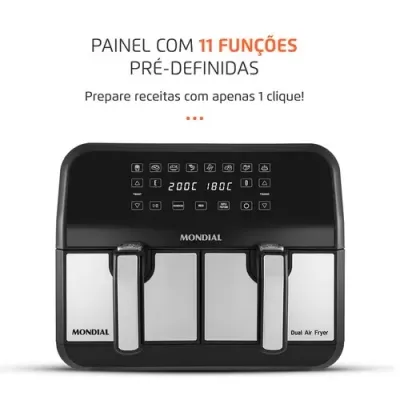 Fritadeira Elétrica Sem Óleo Air Fryer Mondial AFD-01-BI 8L Digital com Cesto Duplo – Preta/Inox